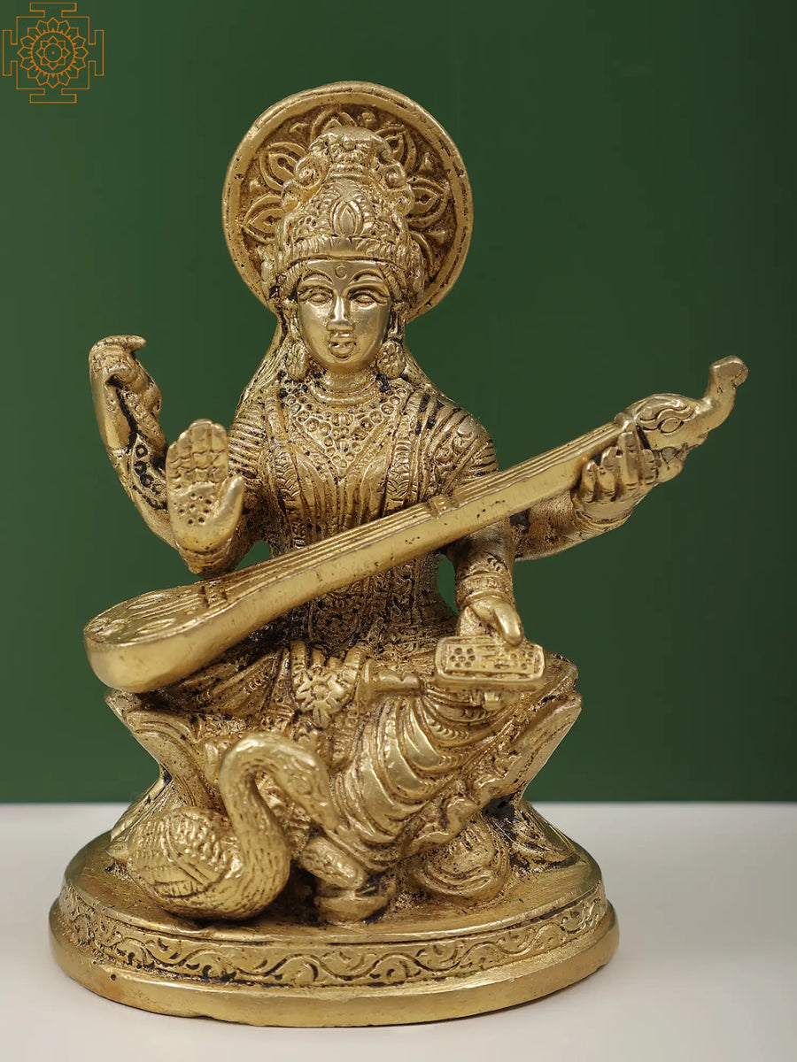5" Goddess Saraswati Brass Idol for Home Pooja