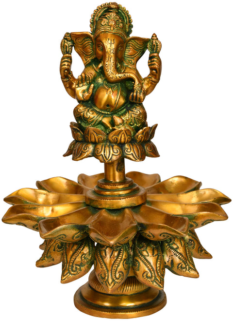 11" Lord Ganesha Lotus Lamp (Eleven Wicks) in Brass | Handmade | Made in India