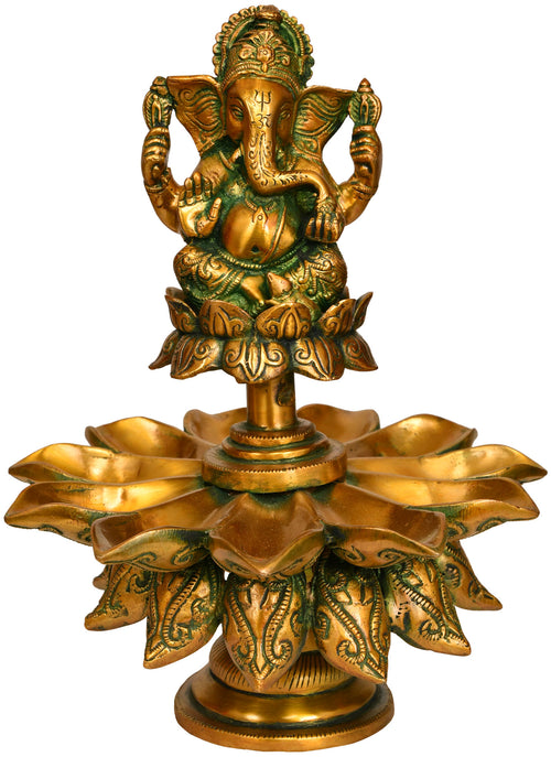 11" Handmade Brass Lord Ganesha Lotus Lamp with Eleven Wicks