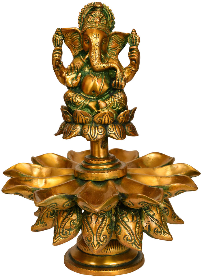 11" Handmade Brass Lord Ganesha Lotus Lamp with Eleven Wicks