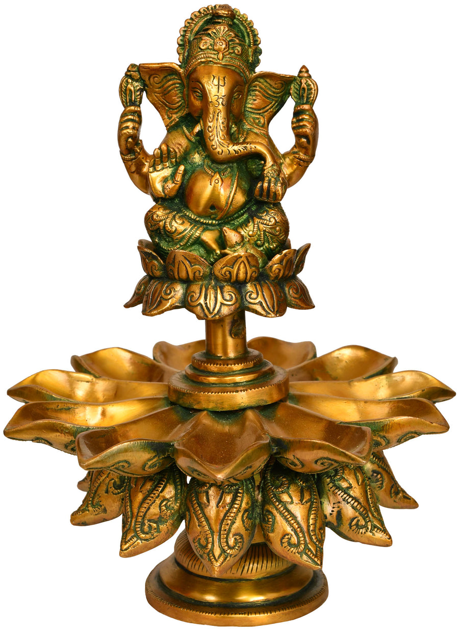 11" Handmade Brass Lord Ganesha Lotus Lamp with Eleven Wicks