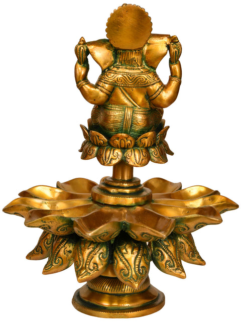 11" Lord Ganesha Lotus Lamp (Eleven Wicks) in Brass | Handmade | Made in India