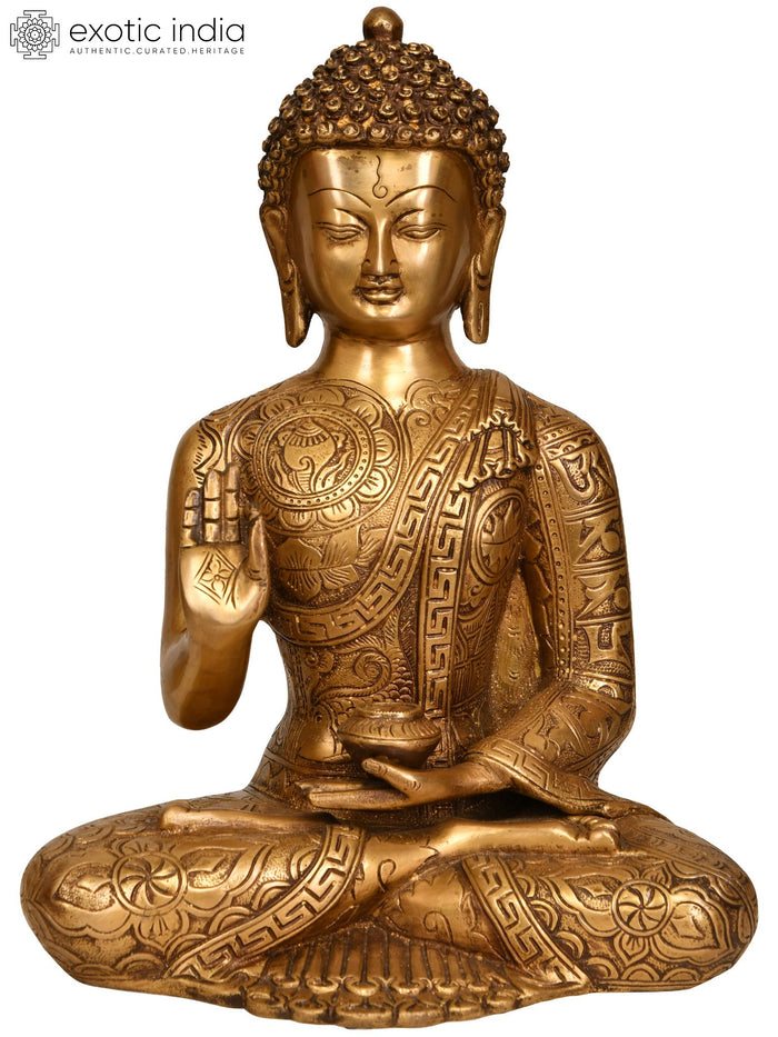 12" Lord Buddha Vitark Mudra Brass Statue with Mantras and Symbols