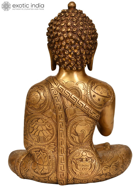 12" Lord Buddha in Vitark Mudra with Auspicious Symbols and Mantras on His Robe In Brass | Handmade | Made In India