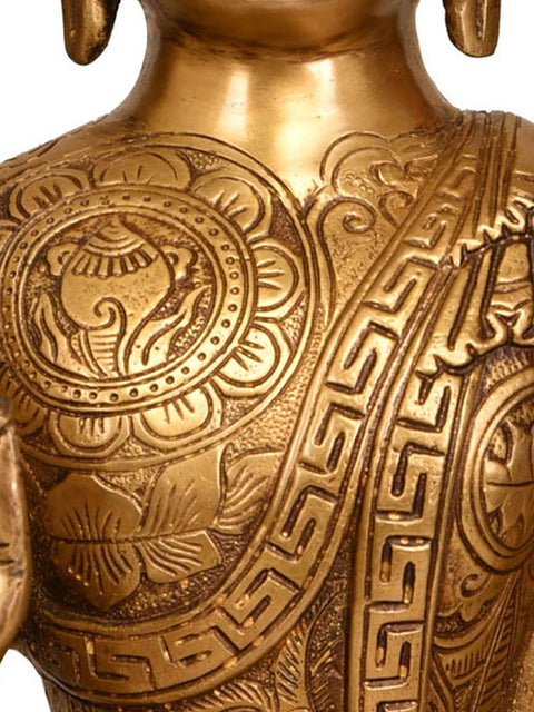 12" Lord Buddha in Vitark Mudra with Auspicious Symbols and Mantras on His Robe In Brass | Handmade | Made In India