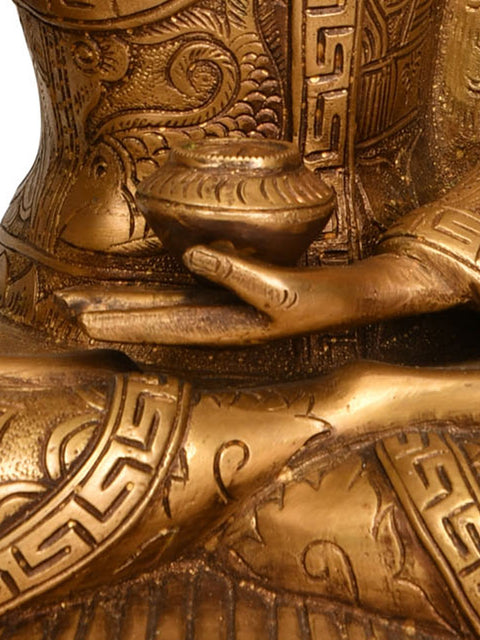 12" Lord Buddha in Vitark Mudra with Auspicious Symbols and Mantras on His Robe In Brass | Handmade | Made In India
