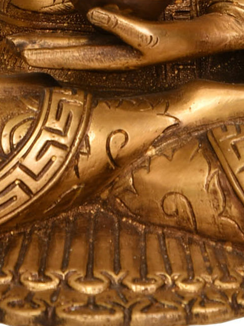 12" Lord Buddha in Vitark Mudra with Auspicious Symbols and Mantras on His Robe In Brass | Handmade | Made In India