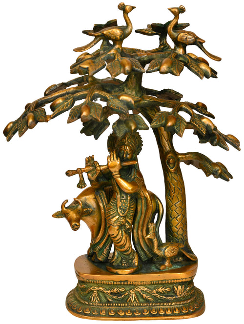12" Lord Krishna Playing Flute Brass Statue Handmade Home Decor