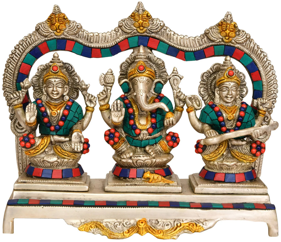 7" Lakshmi Ganesha Saraswati Brass Statue Handmade