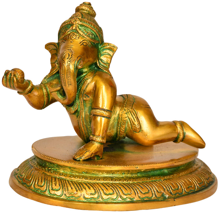 7" Handmade Crawling Baby Ganesha Brass Statue