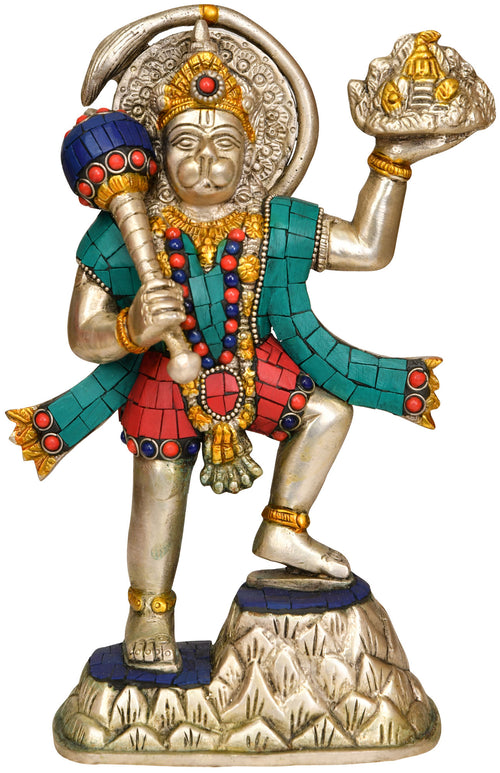 9" Lord Hanuman Carrying Mount Dron Sanjeevani Herbs Brass Statue