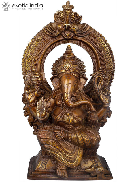 12" Lord Ganesha Idol on Kirtimukha Throne | Handmade Brass Statue | Made in India