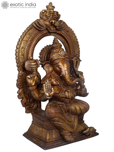 12" Lord Ganesha Idol on Kirtimukha Throne | Handmade Brass Statue | Made in India
