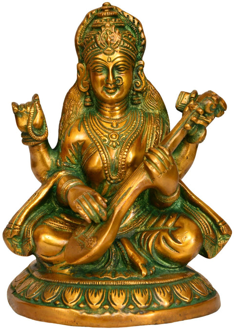 7" Goddess Saraswati In Brass | Handmade | Made In India