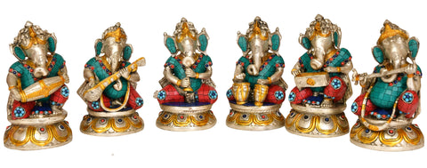 7" Musician Ganesha with Choti (Set of Six) In Brass | Handmade | Made In India