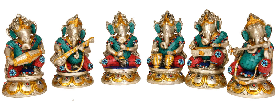 7" Musician Ganesha with Choti Brass Statue Set of Six Handmade