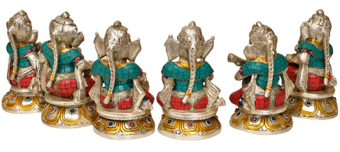 7" Musician Ganesha with Choti (Set of Six) In Brass | Handmade | Made In India