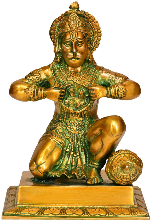 8" Hanuman Ji Tearing His Chest to Reveal Rama and Sita | Handcrafted Brass Statue