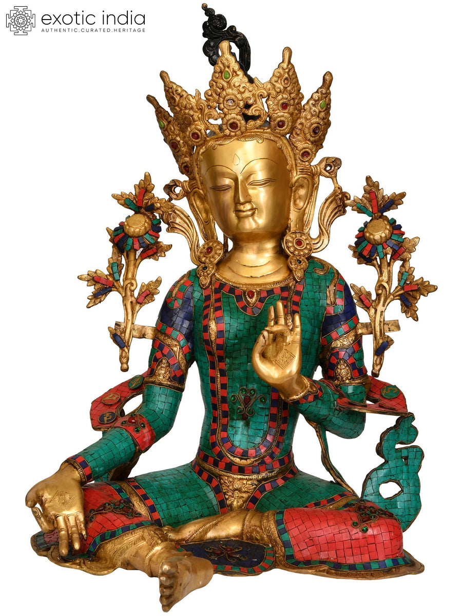 27" Green Tara Tibetan Buddhist Goddess Handmade Brass Statue