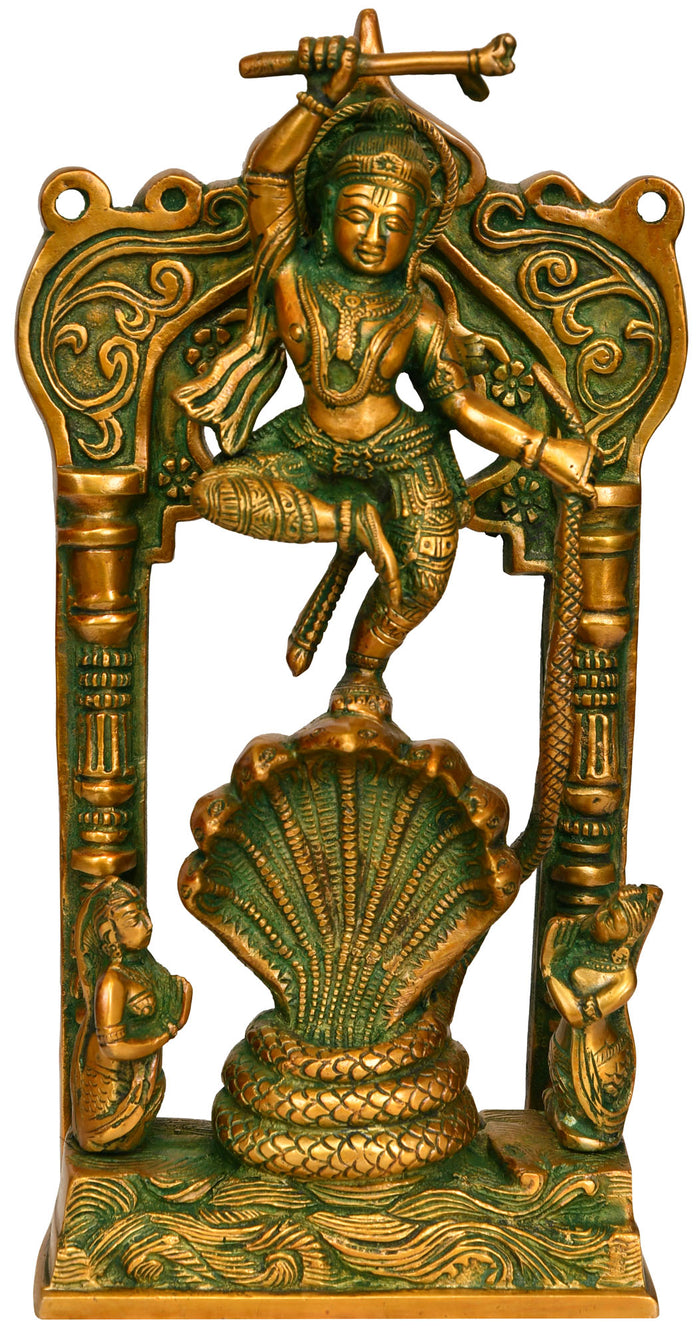 11" Handmade Lord Krishna Vanquishes Kaliya Brass Statue