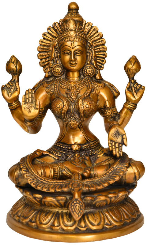 9" Goddess Lakshmi Idol in Abhaya Mudra | Handmade Brass Statue | Made in India