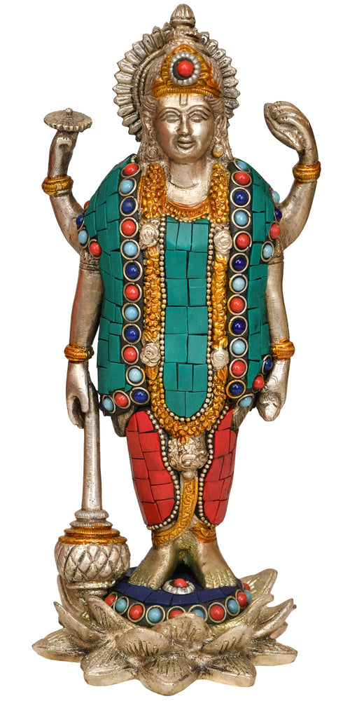 9" Lord Vishnu Handmade Brass Statue for Pooja