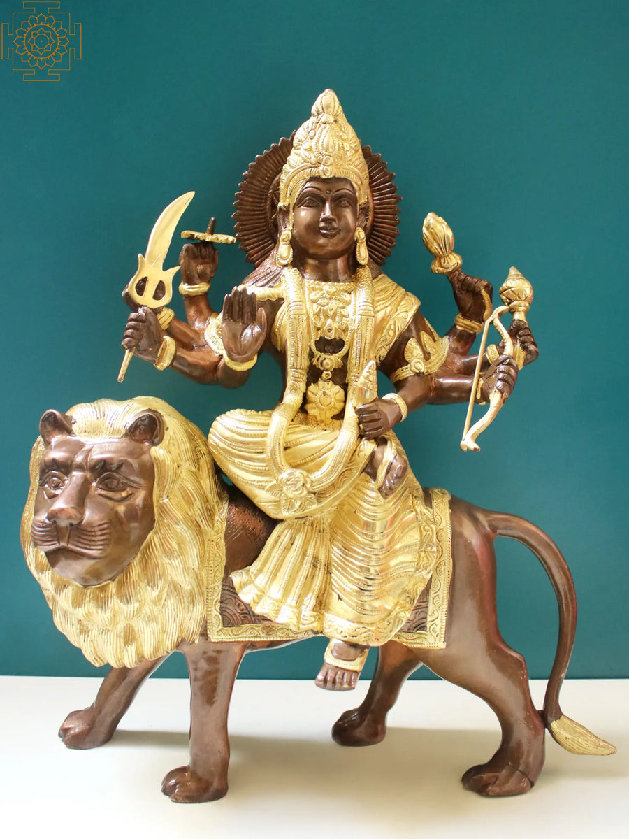 16" Goddess Durga on Lion Brass Statue for Pooja