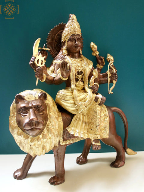 16" Goddess Durga Sitting on Lion In Brass