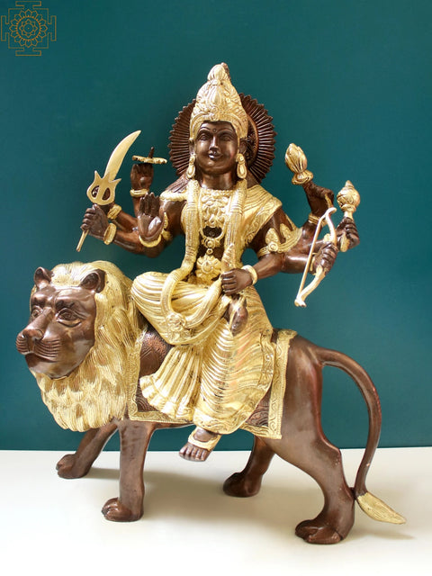 16" Goddess Durga Sitting on Lion In Brass