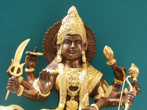 16" Goddess Durga Sitting on Lion In Brass