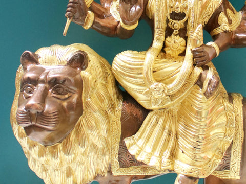 16" Goddess Durga Sitting on Lion In Brass