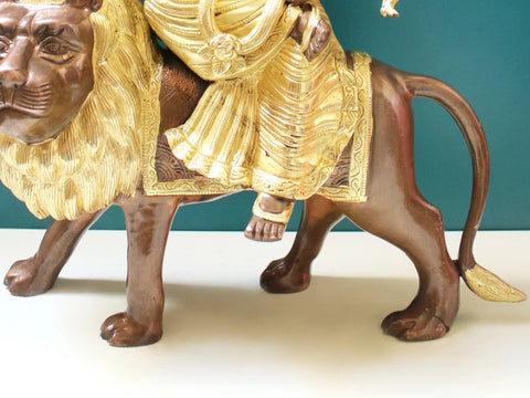 16" Goddess Durga Sitting on Lion In Brass
