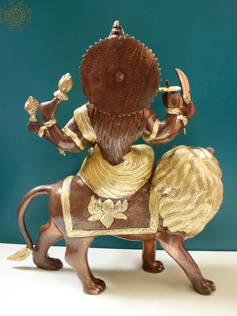16" Goddess Durga Sitting on Lion In Brass