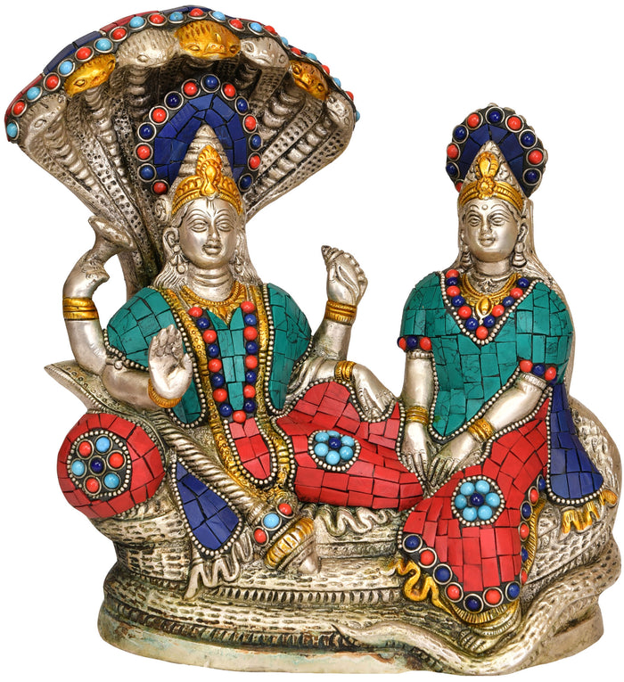 8" Handmade Brass Vishnu and Lakshmi on Sheshanaga Statue