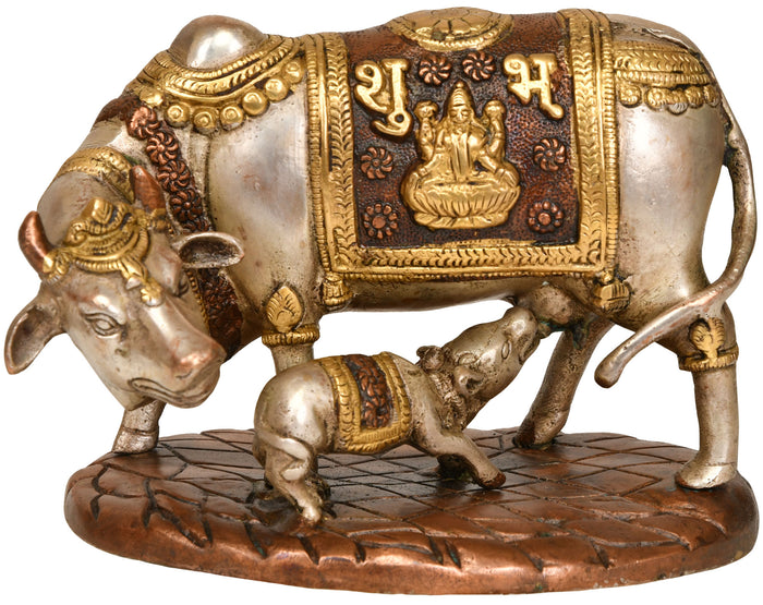 6" Brass Cow and Calf Statue with Lakshmi-Ganesha Saddle Decoration