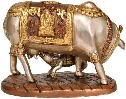 6" Cow and Calf: Saddle Decorated with Lakshmi-Ganesha In Brass | Handmade | Made In India