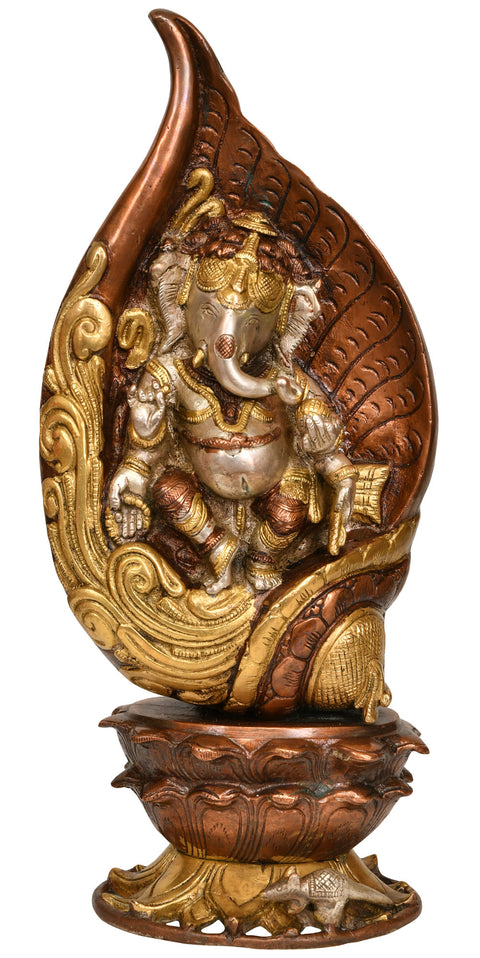 14" Ganesha in a Conch In Brass | Handmade | Made In India