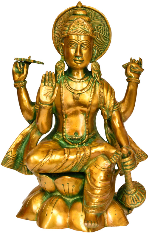 11" Lord Vishnu Seated on Lotus Brass Statue Handmade