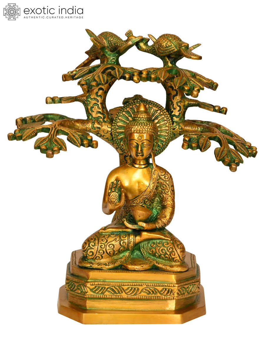 9" Lord Buddha Under Bodhi Tree Brass Statue Handmade