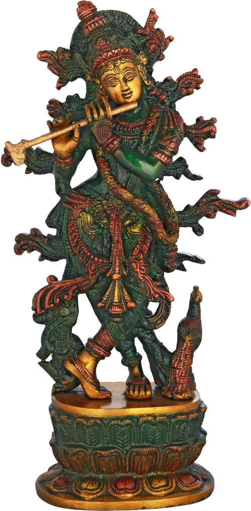 12" Handmade Lord Krishna Playing Flute Brass Idol