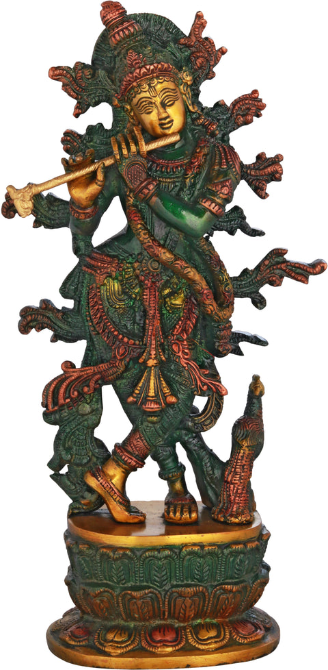 12" Lord Krishna Idol Playing Flute | Handmade Brass Sculpture | Made in India