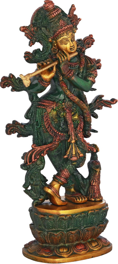 12" Lord Krishna Idol Playing Flute | Handmade Brass Sculpture | Made in India