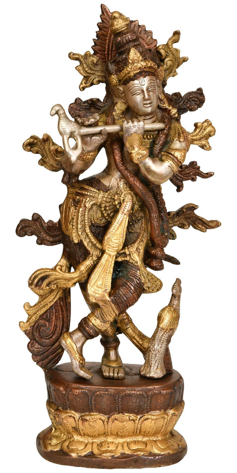 12" Lord Krishna Idol Playing Flute | Handmade Brass Sculpture | Made in India