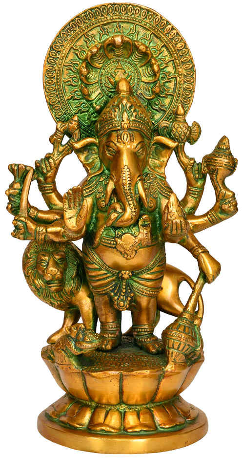 11" Eight-Armed Ganesha Brass Statue with Lotus Base Handmade