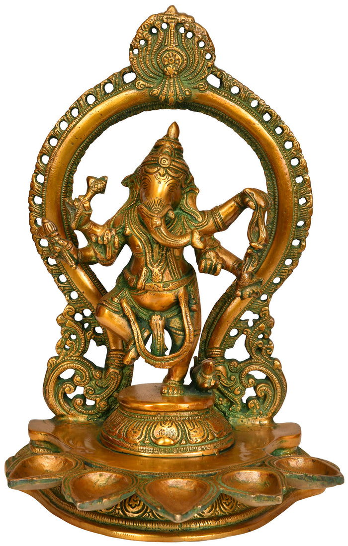 13" Dancing Ganesha Brass Five Wick Oil Lamp Handmade