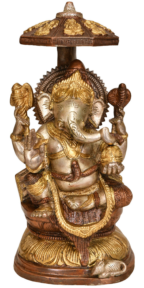 10" Brass Lord Ganesha Seated on Lotus Statue with Umbrella