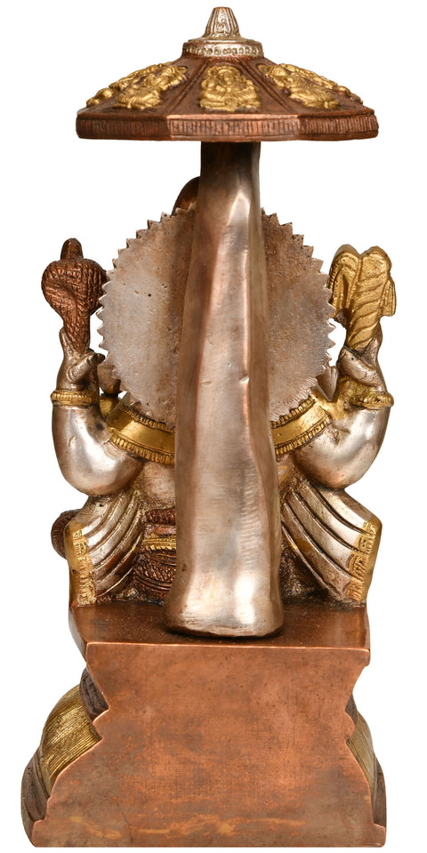 10" Lord Ganesha Seated on Lotus Pedestal with Umbrella In Brass | Handmade | Made In India