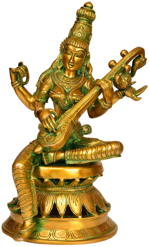 12" Brass Goddess Saraswati Playing Veena Handmade Statue