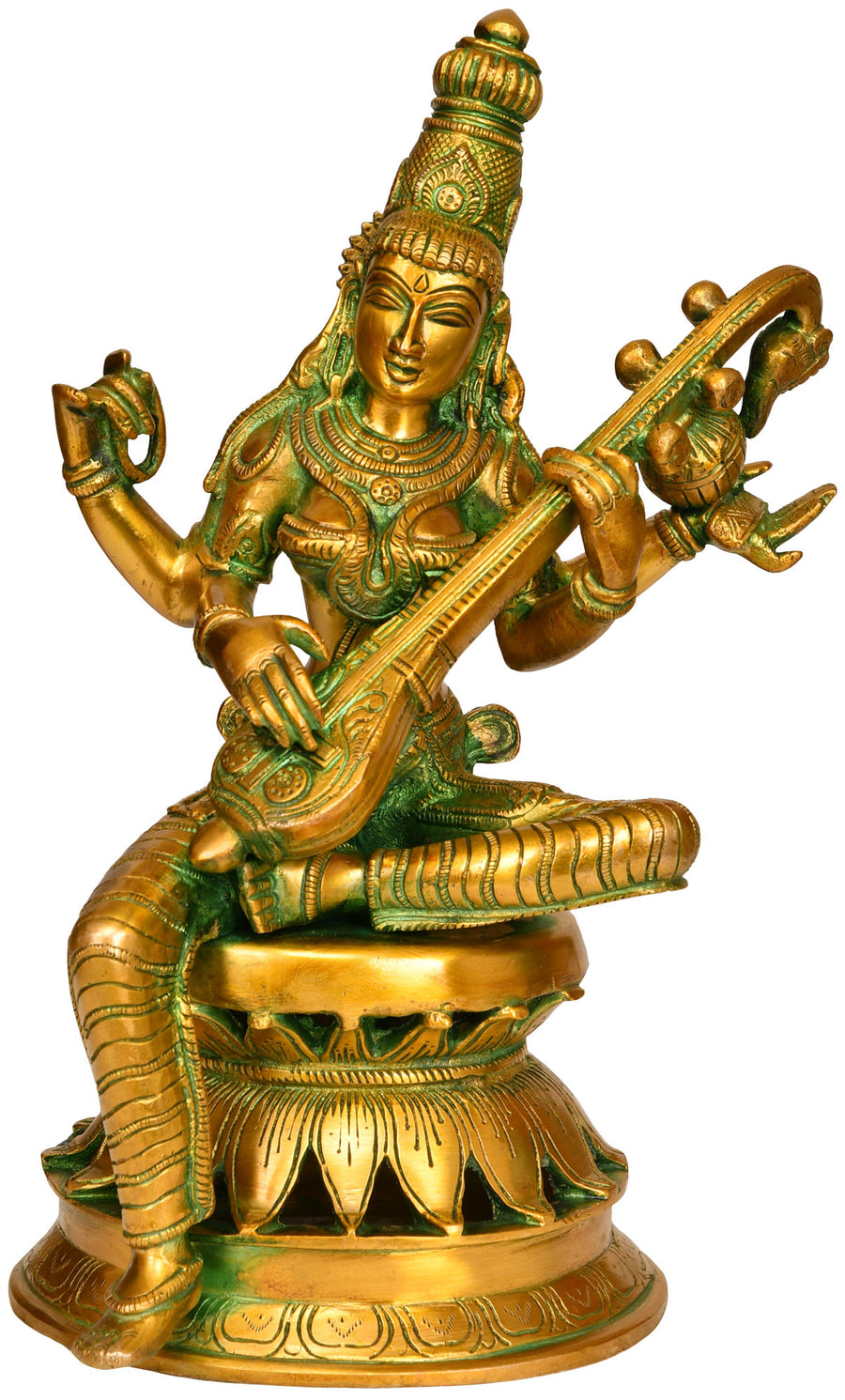 12" Brass Goddess Saraswati Playing Veena Handmade Statue