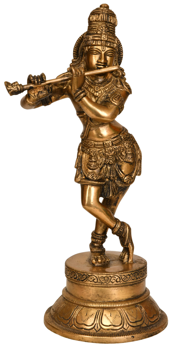 11" Handmade Lord Krishna Playing Flute Brass Statue
